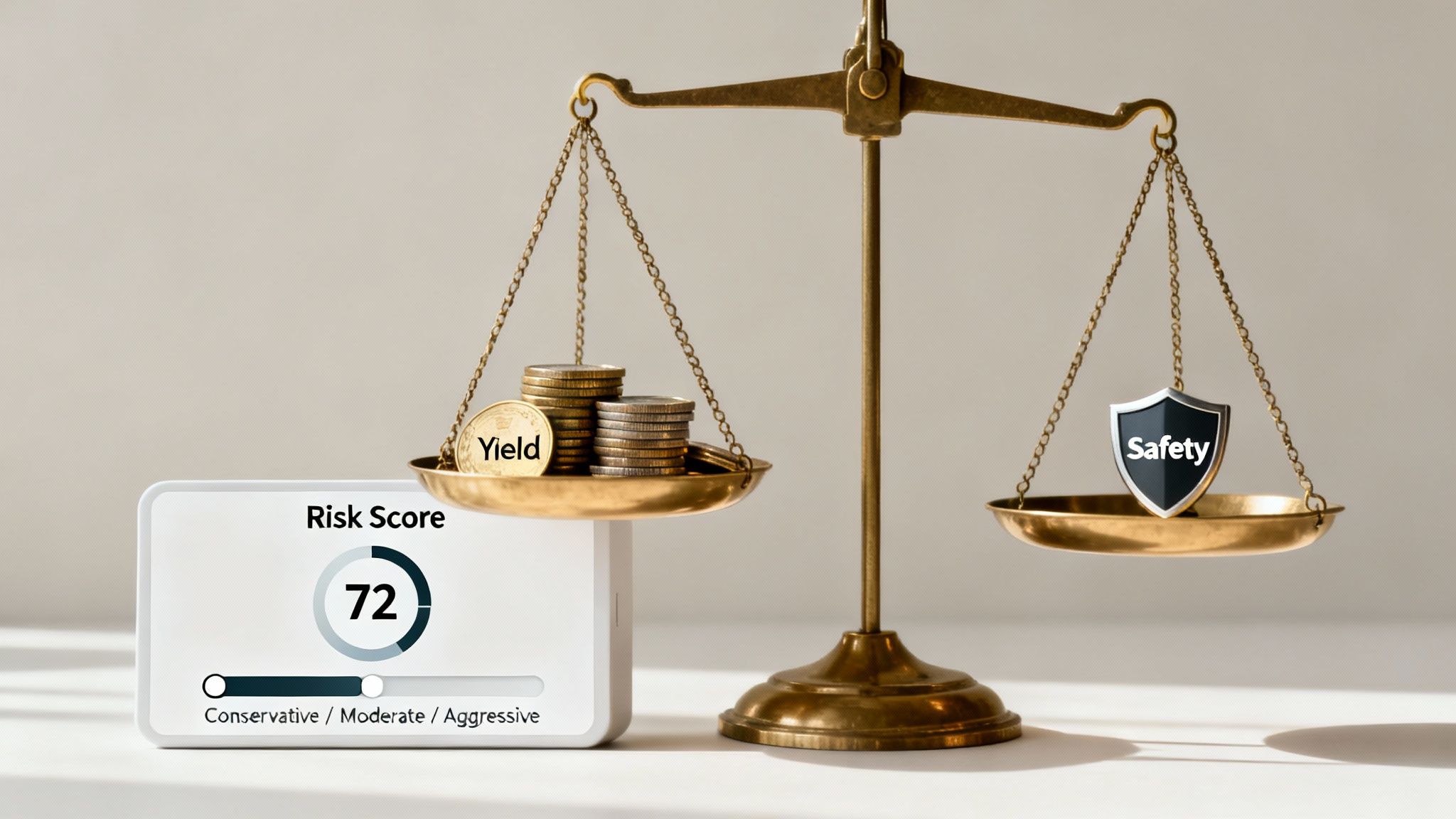 A financial scale balances yield (coins) against safety (shield), with a risk score of 72 indicating an aggressive investment strategy.