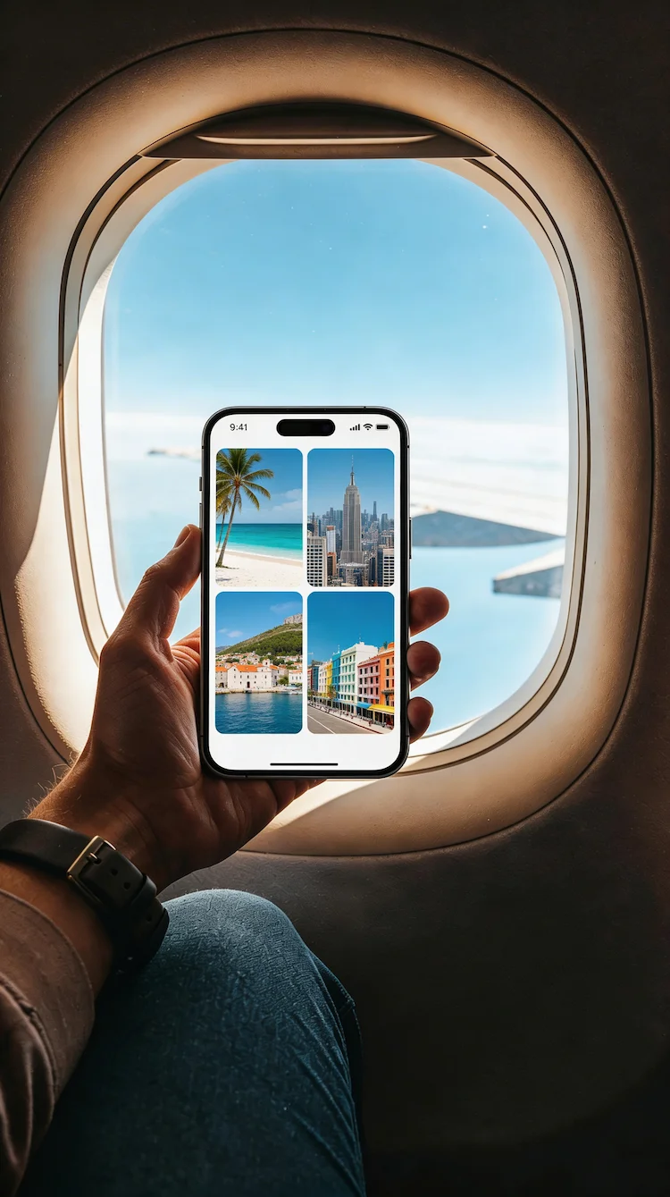 Passageiro a bordo olhando o celular e a janela do avião.