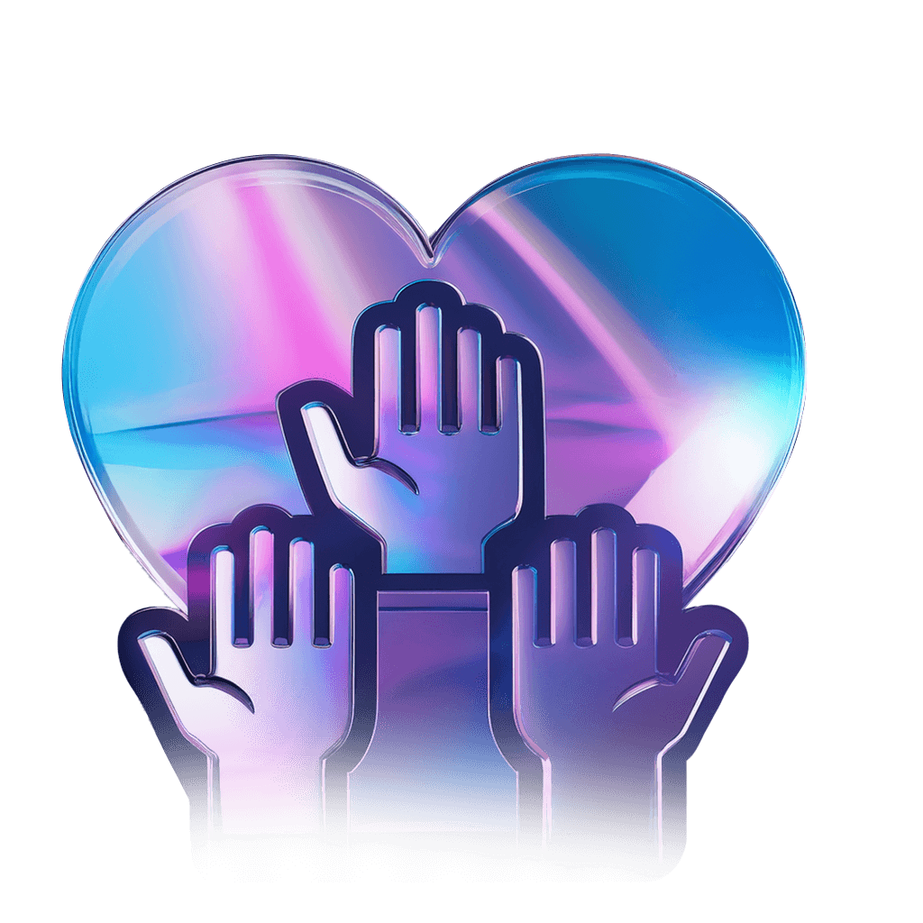 Hands reaching up inside a colorful heart shape, symbolizing support and unity.