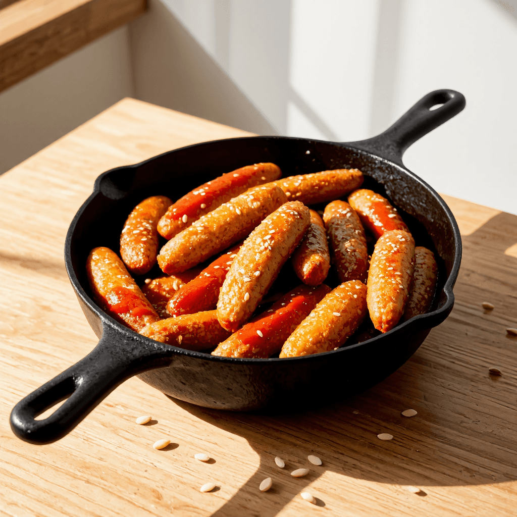 product photography of a cast iron skillet of spicy rice cakes