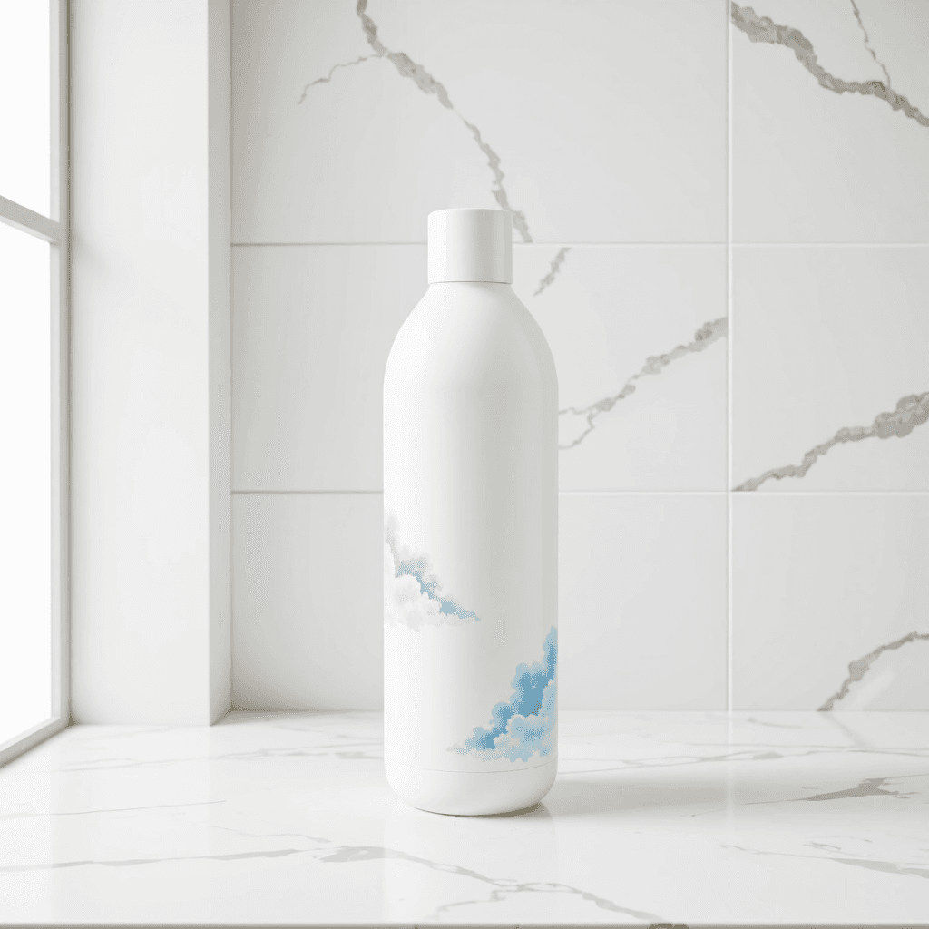 product photography of a bottle of liquid product, likely a skincare or cosmetic item