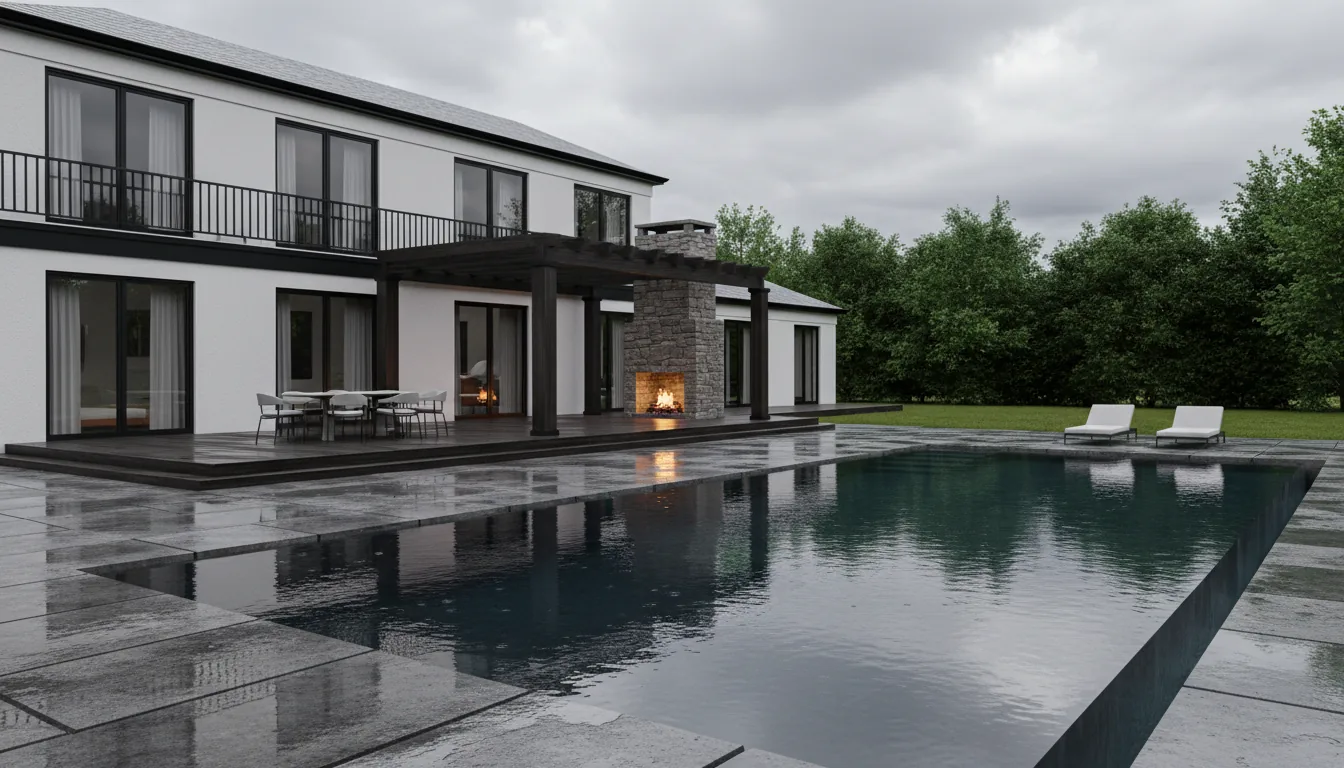 Photorealistic architectural visualization, 3D render in the style of Twinmotion, wide-angle shot of a modern two-story minimalist house with a luxurious backyard patio. The scene is set on an overcast day after a rain shower, with soft global illumination. The patio features a dark, wet-look wooden deck and large stone pavers with prominent reflections. A dark wood pergola covers an outdoor dining area and a large stone fireplace, its fire casting a warm orange glow on the wet surfaces. A swimming pool is in the foreground, and lush green trees fill the background under a cloudy sky. The house has white stucco walls and black metal trim, creating a clean, high-contrast look.