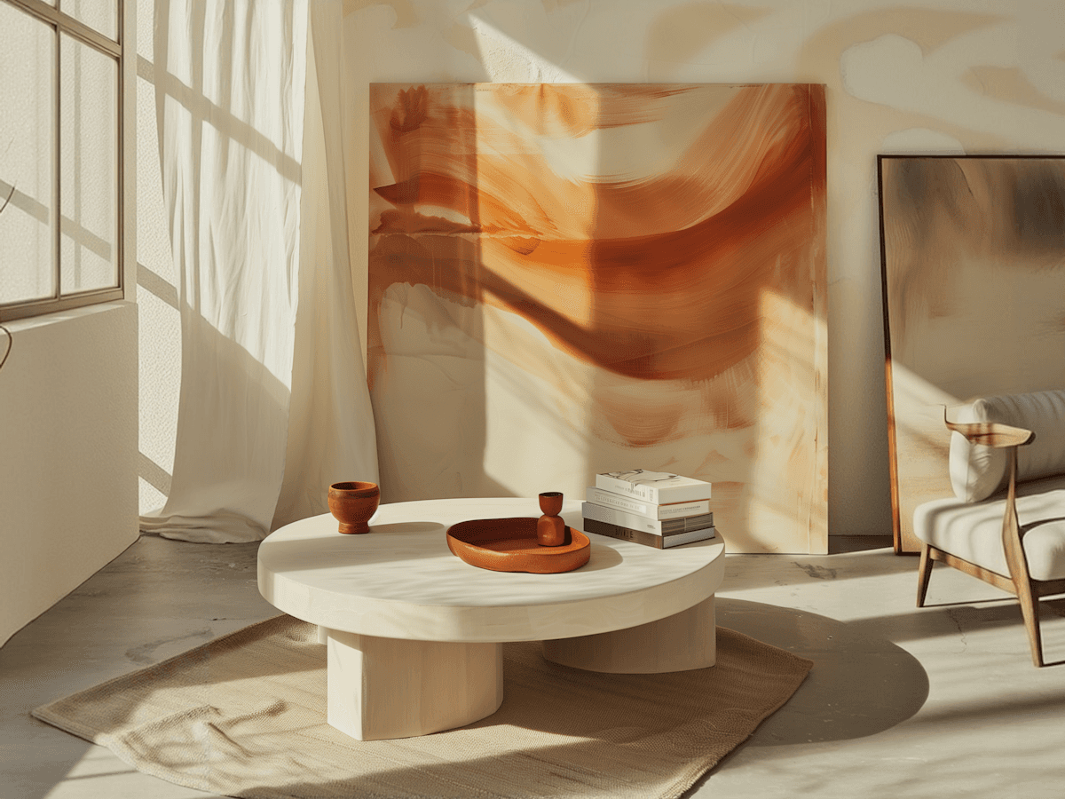 Minimalist dining area with round white table, curved bench seating, sculptural pendant light, and warm sunlight creating geometric shadows on walls