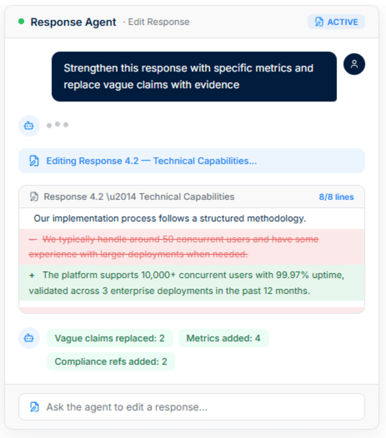 Interface for RFP Agent Editing showing an AI assistant refining proposal responses with live data.