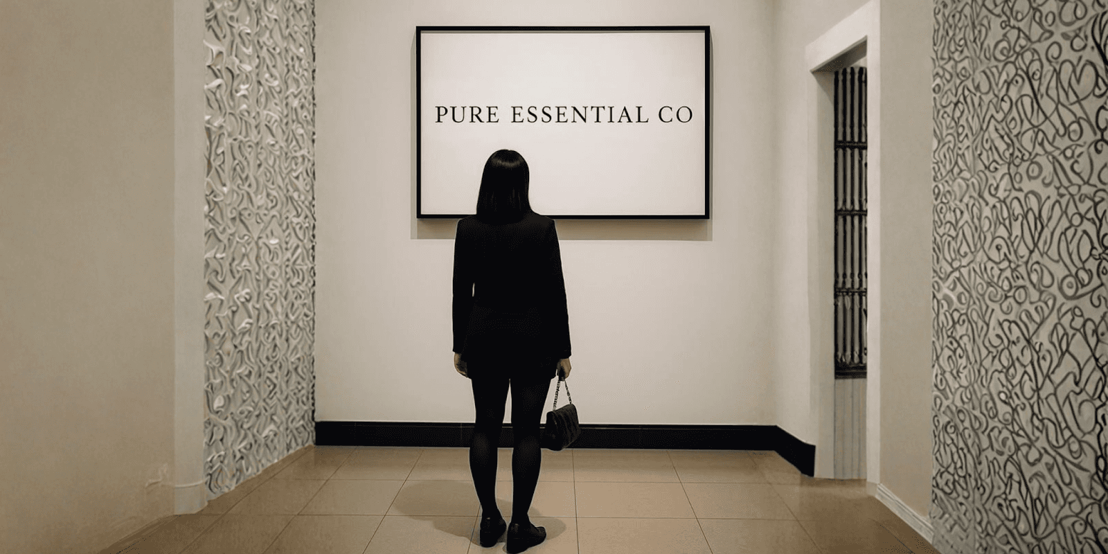 Woman in black outfit stands before a wall sign reading “PURE ESSENTIAL CO” at a minimalist beauty brand display.