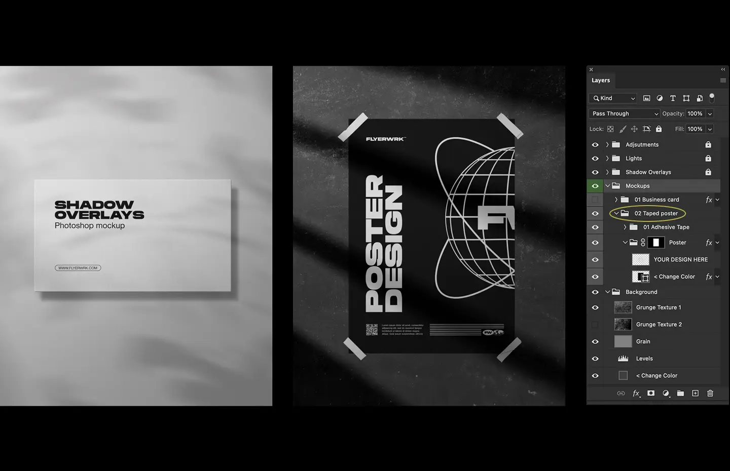 Shadow Overlays Scene Creator overview showing diverse poster and card templates with high-resolution shadow layers