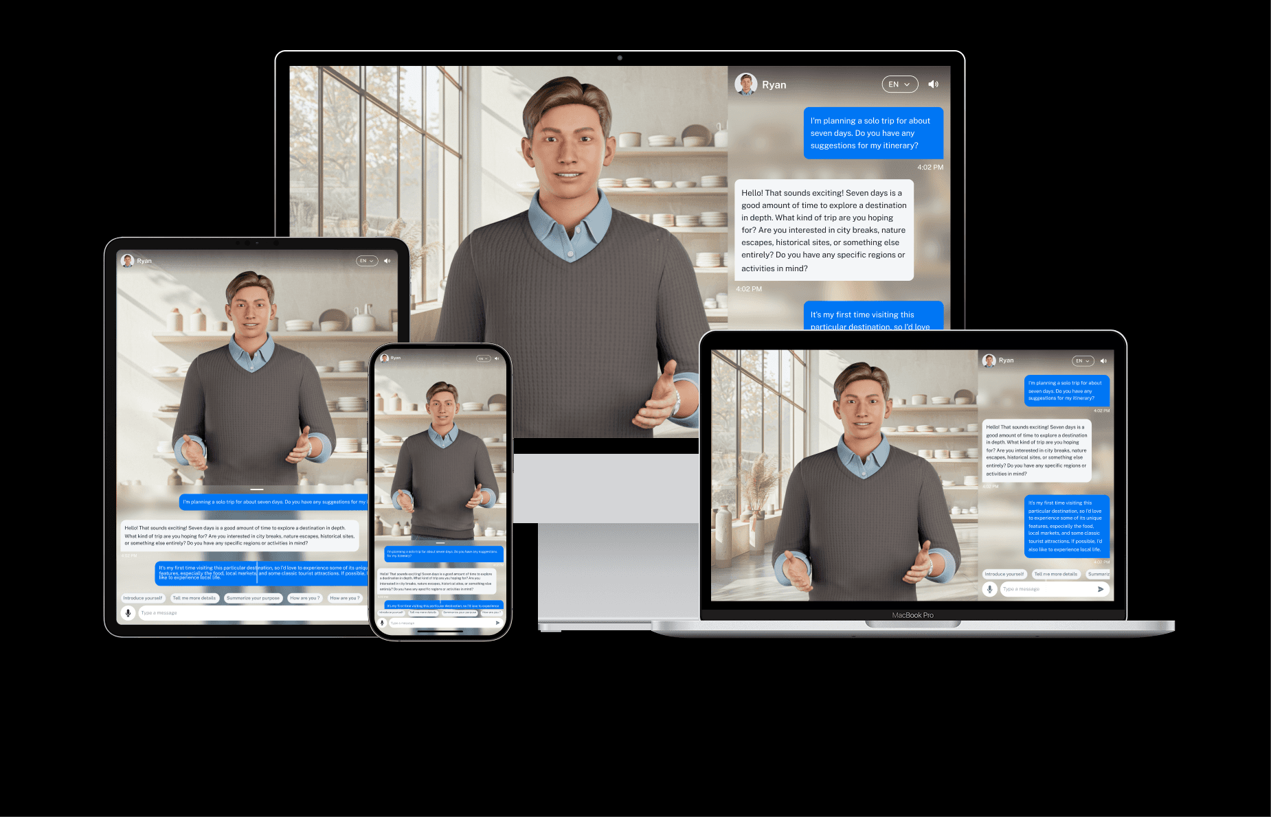Perxona AI's lightweight and scalable 3D avatar solution running seamlessly across desktop, tablet, and mobile devices.
