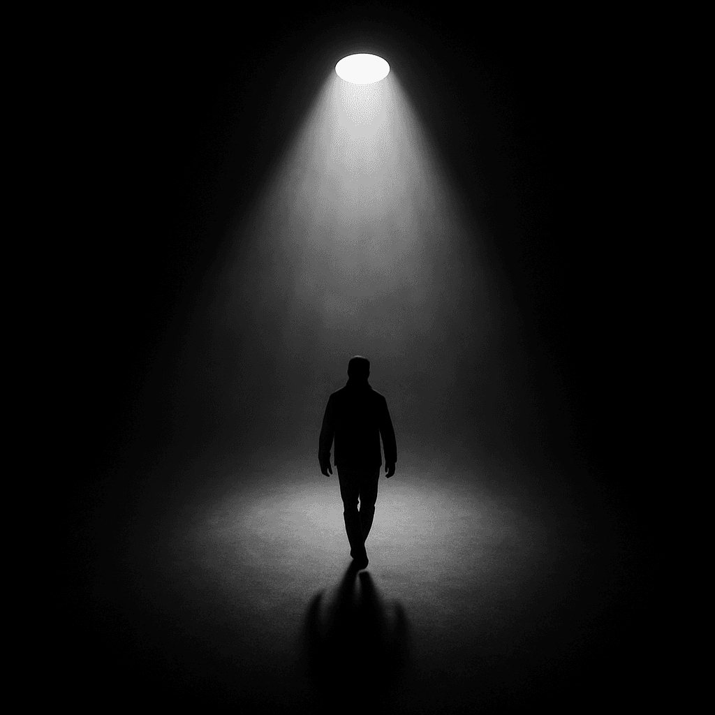A solitary figure stands in a spotlight, surrounded by darkness, creating a dramatic and mysterious atmosphere.