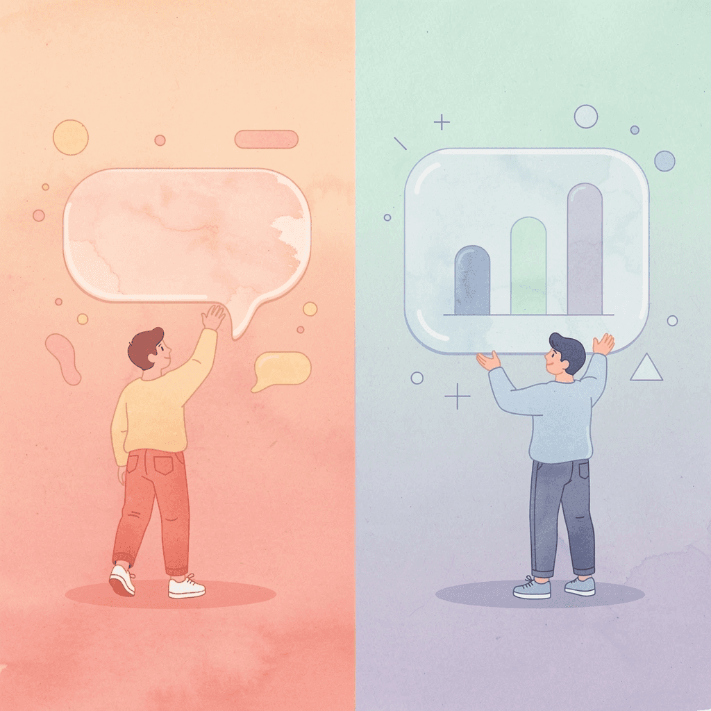 Split scene showing traditional language learning struggles versus confident conversation practice