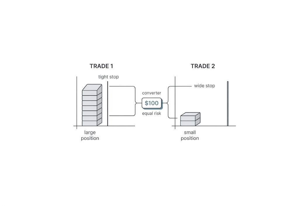 Two trades with same risk, but different position sizes and stops