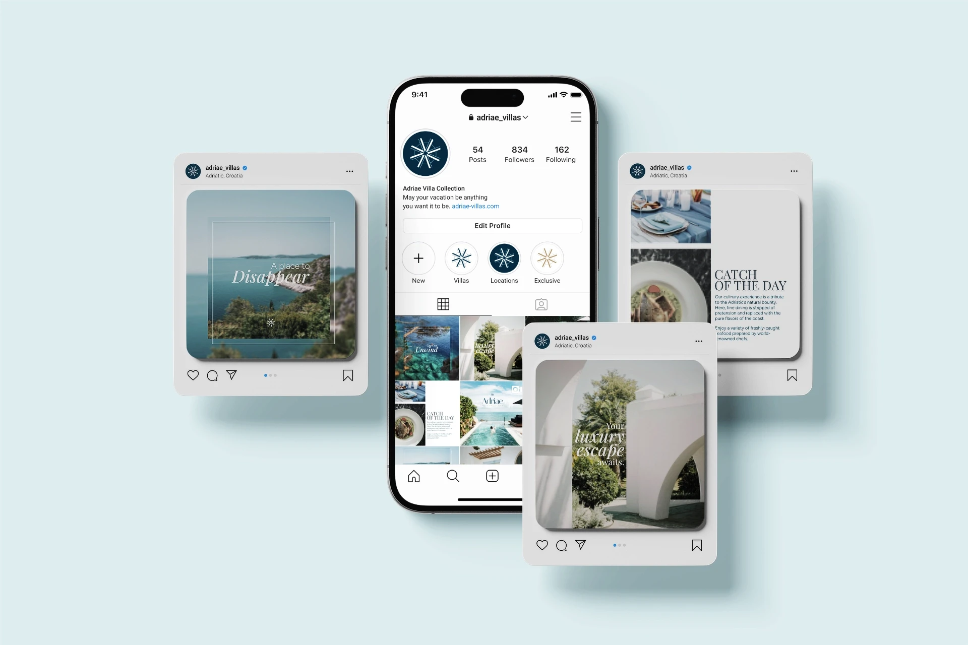 An elegant digital design by Studio Liminal showcase featuring a curated social media layout and editorial mood board posts for the Adriae luxury estate brand.