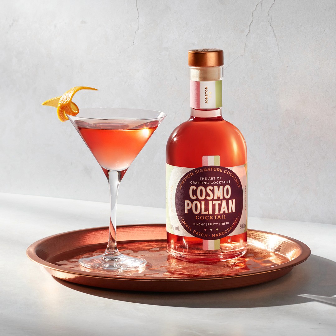 Close-up of the Jonston Signature Cocktails branding and packaging system designed by FLOV Studio.