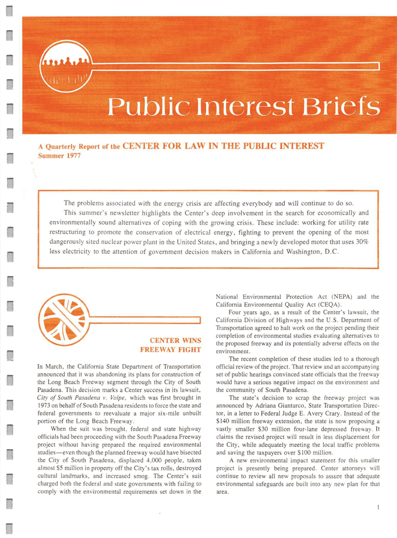 Cover of Center for Law In The Public Interest's Quarterly Report, Summer 1977 Edition Public Interest Briefs