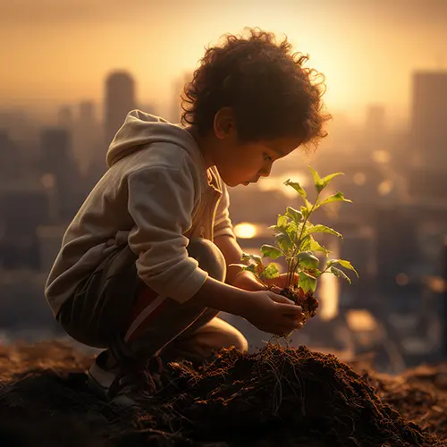 jongen die een boom plant tegen een stedelijke achtergrond