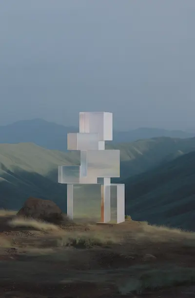 A stack of translucent cubes in a serene mountain landscape, blending modern design with nature's beauty under a soft, overcast sky.