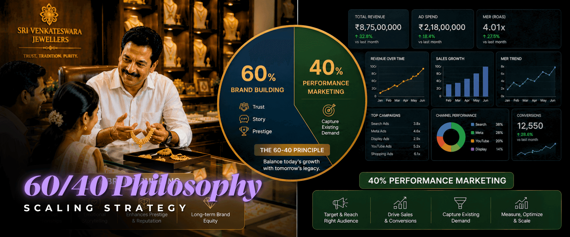 60/40 marketing budget split between brand building and performance marketing for jewellery brands