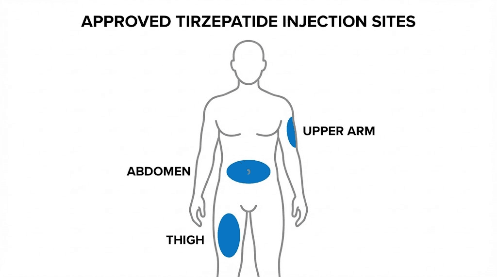 Tirzepatide injection site locations on human body diagram