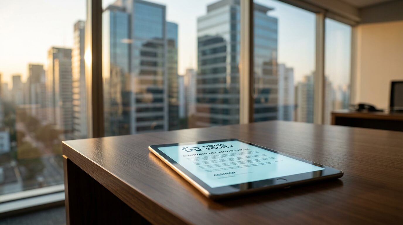 Executivo em escritório moderno revisando contrato digital de crédito com garantia de imóvel (Home Equity).