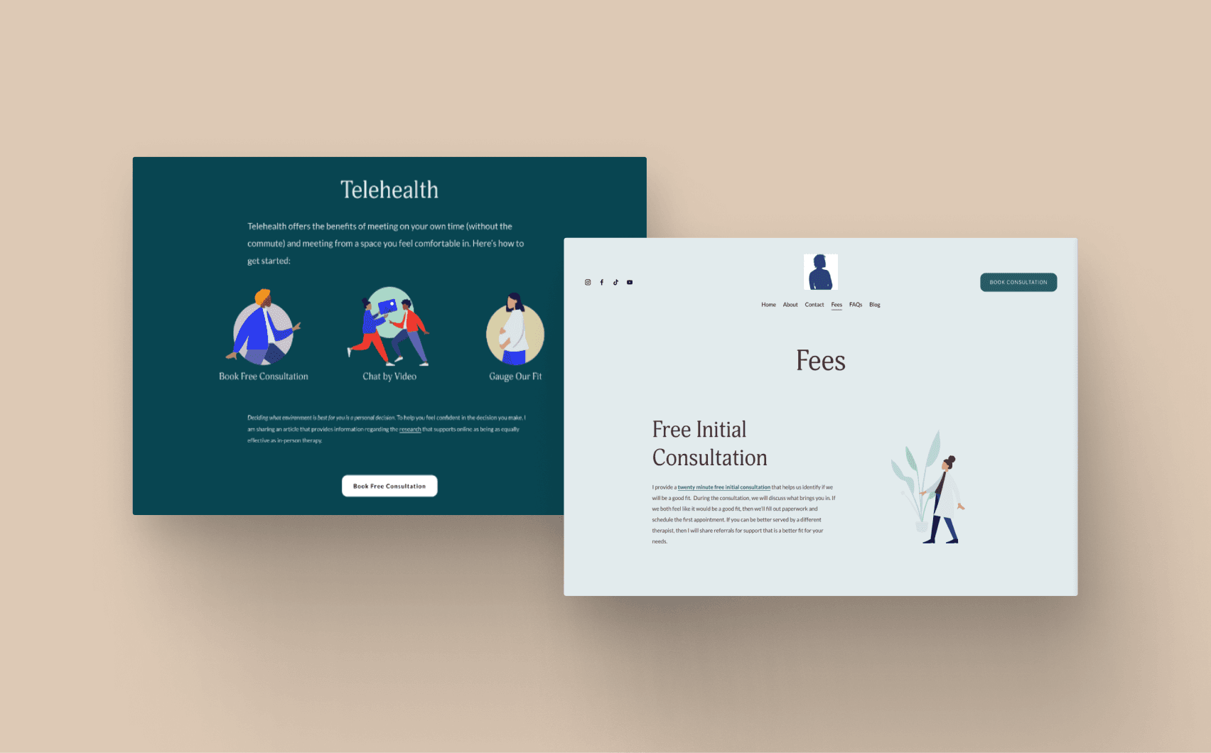 Two webpage mockups: 'Telehealth' with consultation options and 'Fees' with free initial consultation info and navigation links.