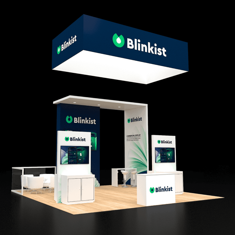 20x20 island booth design with digital presentations and buyer meeting space