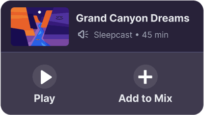 rectangular overlay with sleep mix title and buttons for "play" and "add to mix"