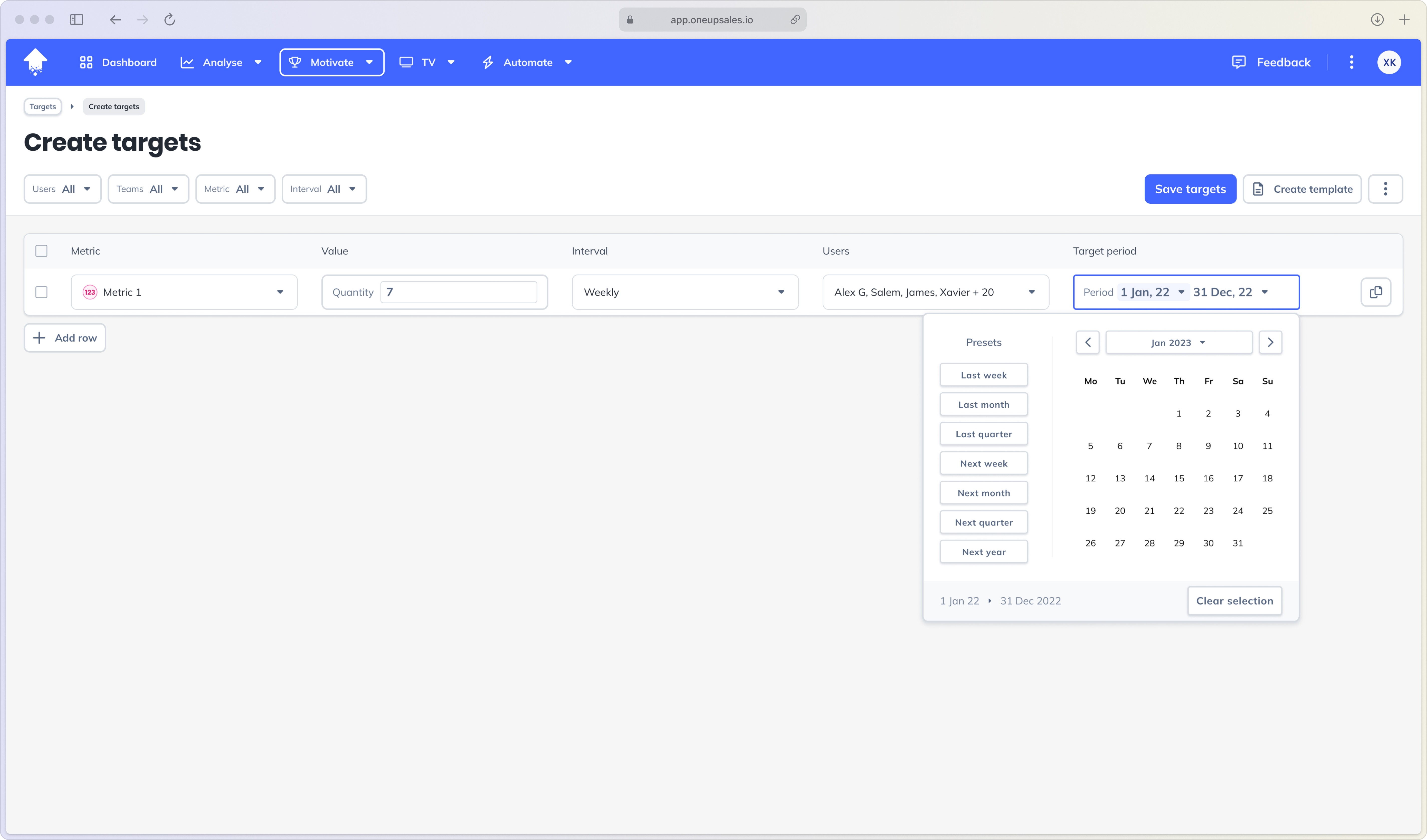 The create target flow highlighting the date field