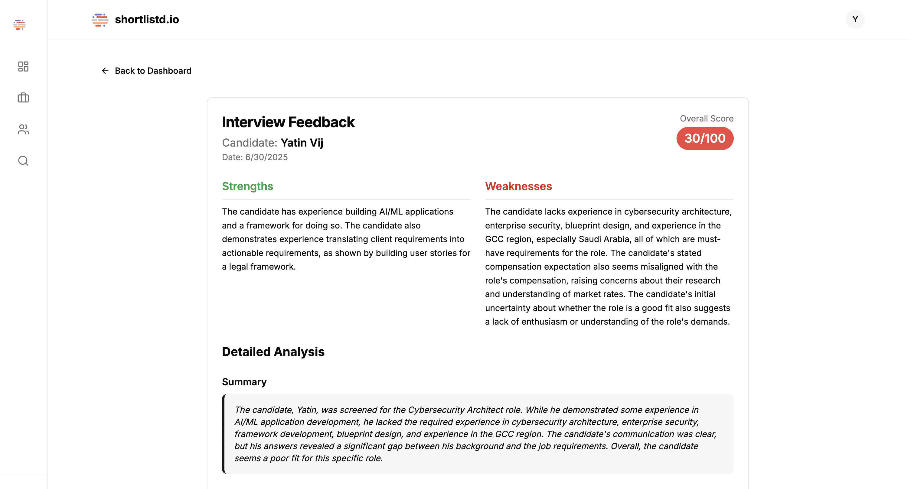 Automated interview feedback dashboard summarising candidate performance, scores, and hiring recommendations