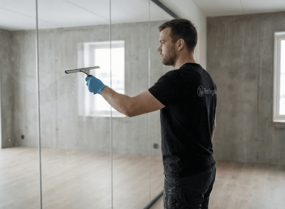 Fjarlæging á málningarslettum og lími af glugga með sköfu.