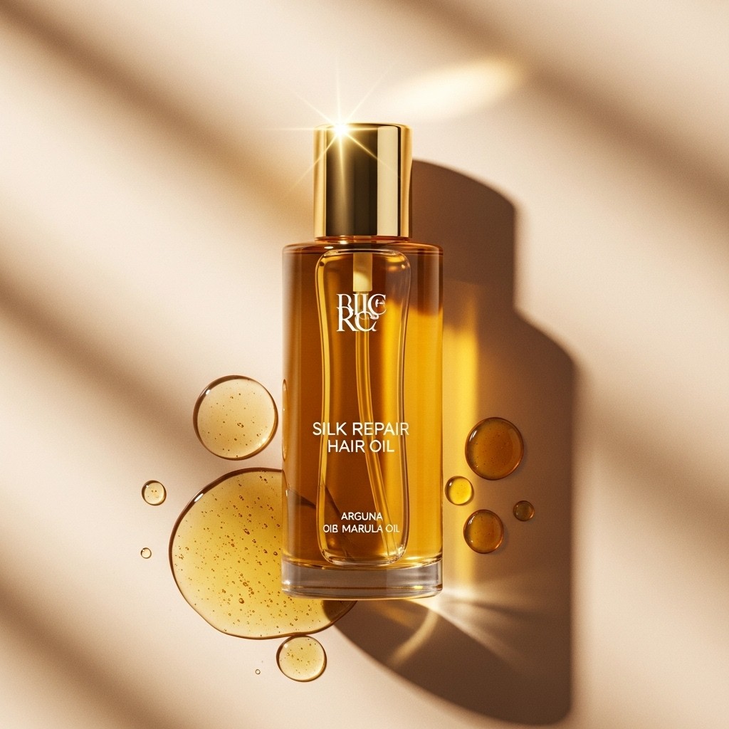 Amber bottle of Silk Repair Hair Oil with a glinting gold cap and golden droplets on a warm, sunlit background.