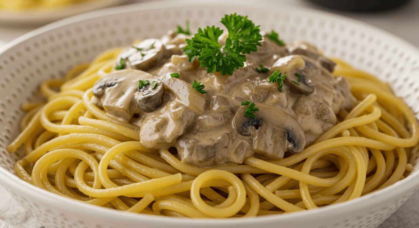 a bowl of pasta noodles with a stroganoff sauce