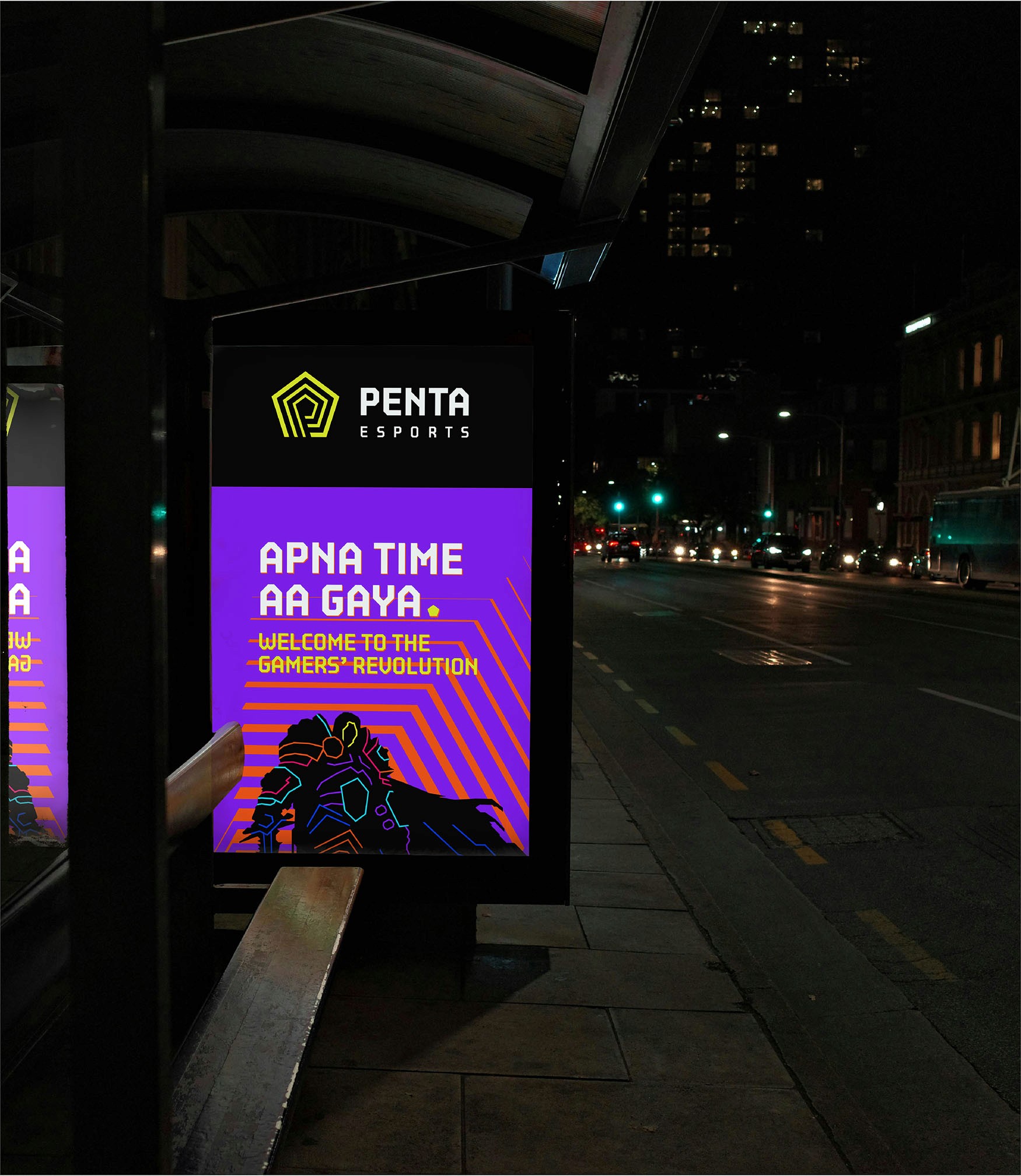 Penta Esports brand logo designed by BMEG, featuring a modern "P" integrated with the number 5 and a circular radar device symbolizing gamer focus, set against a high-tech gaming aesthetic.