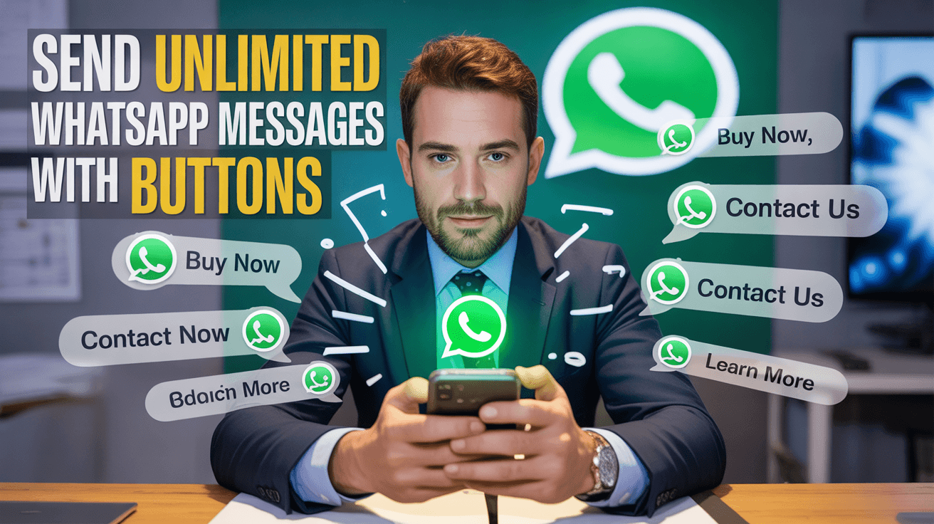 Business professional holding WhatsApp phone with CTA bubbles and Send Unlimited Messages headline