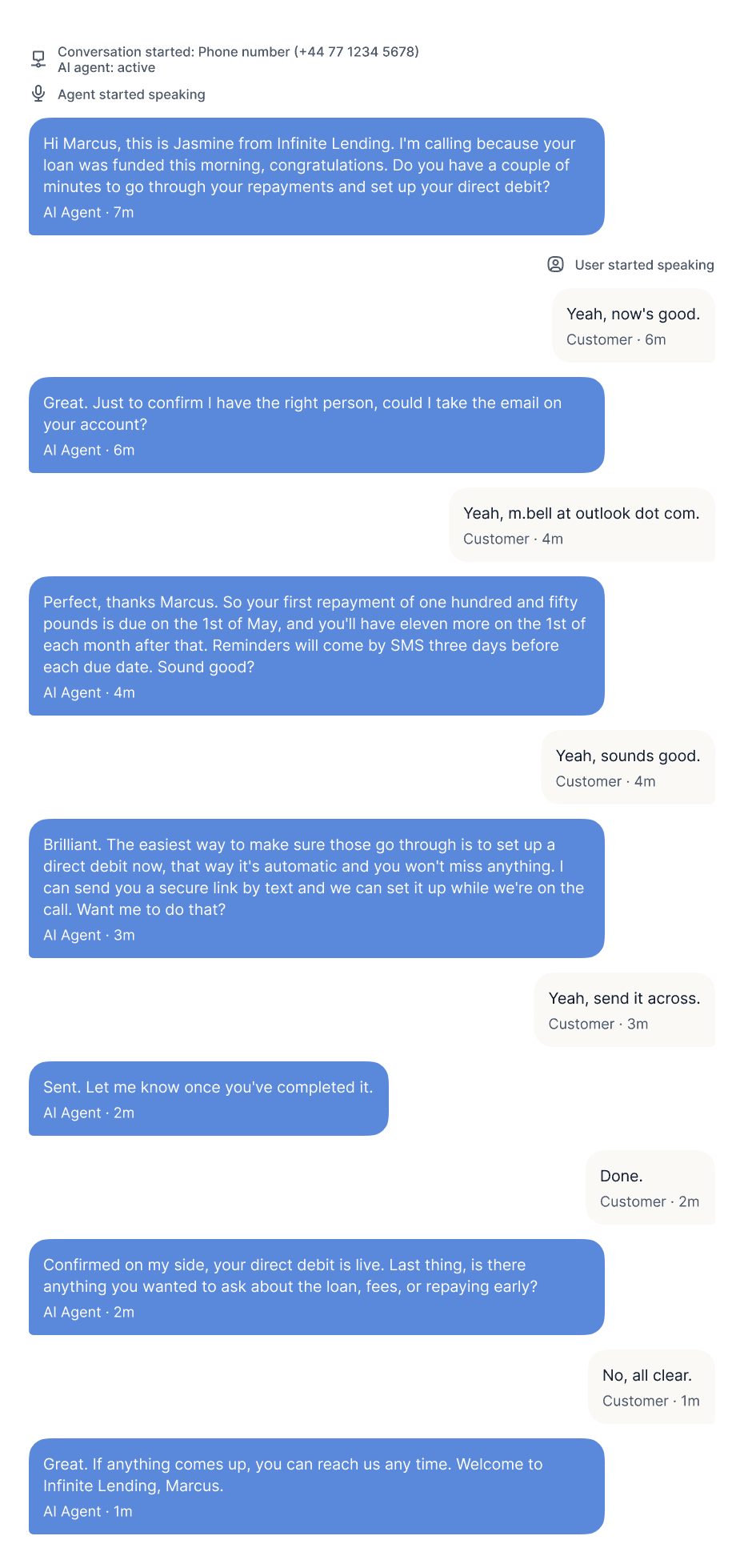 Screenshot of a live Welcome and Onboard New Borrowers outbound procedure, showing steps for identity verification, walking through the repayment schedule, and setting up direct debit