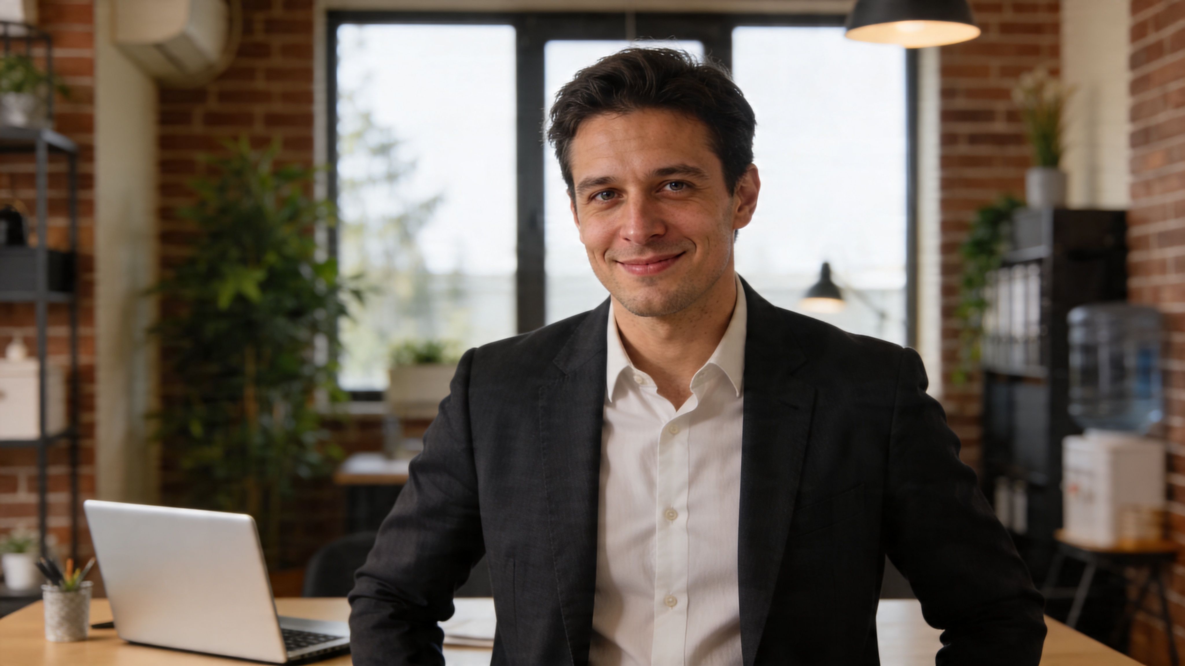Ein lächelnder Geschäftsmann in einem dunklen Anzug steht selbstbewusst in einem modernen Büro vor einem Laptop.