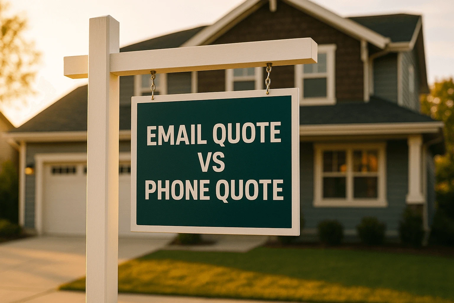 Real estate sign in front of a house displaying the words “Email Quote vs Phone Quote”.
