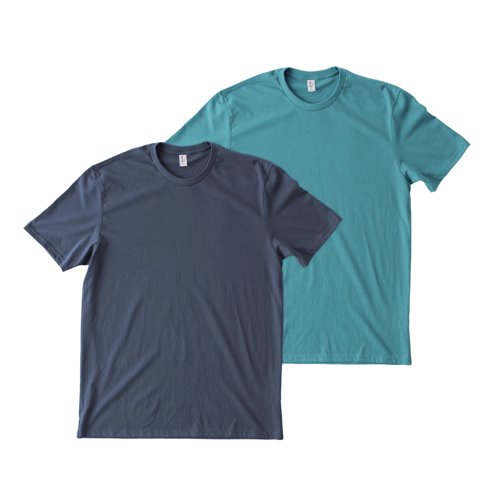 Two plain T-shirts, one in light pink and the other in dark blue, are layered flat on a surface, showcasing their simple round-neck design and soft, casual fabric.