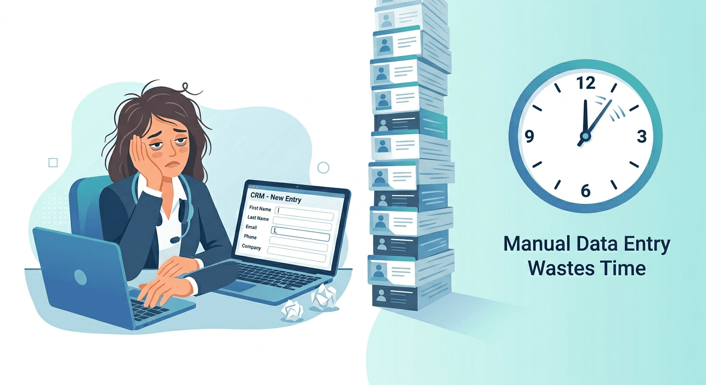 Sales rep manually entering contact details into CRM while business cards pile up and time is being lost