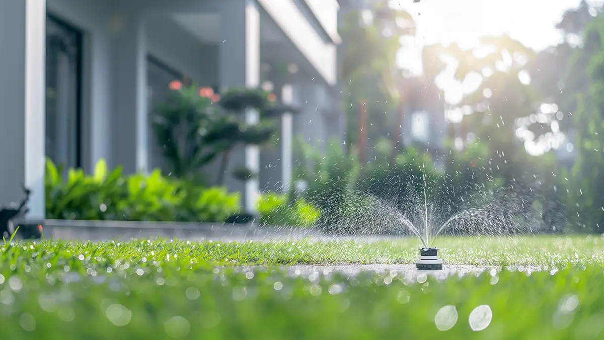 Sprinkler system watering green lawn, automated irrigation in action