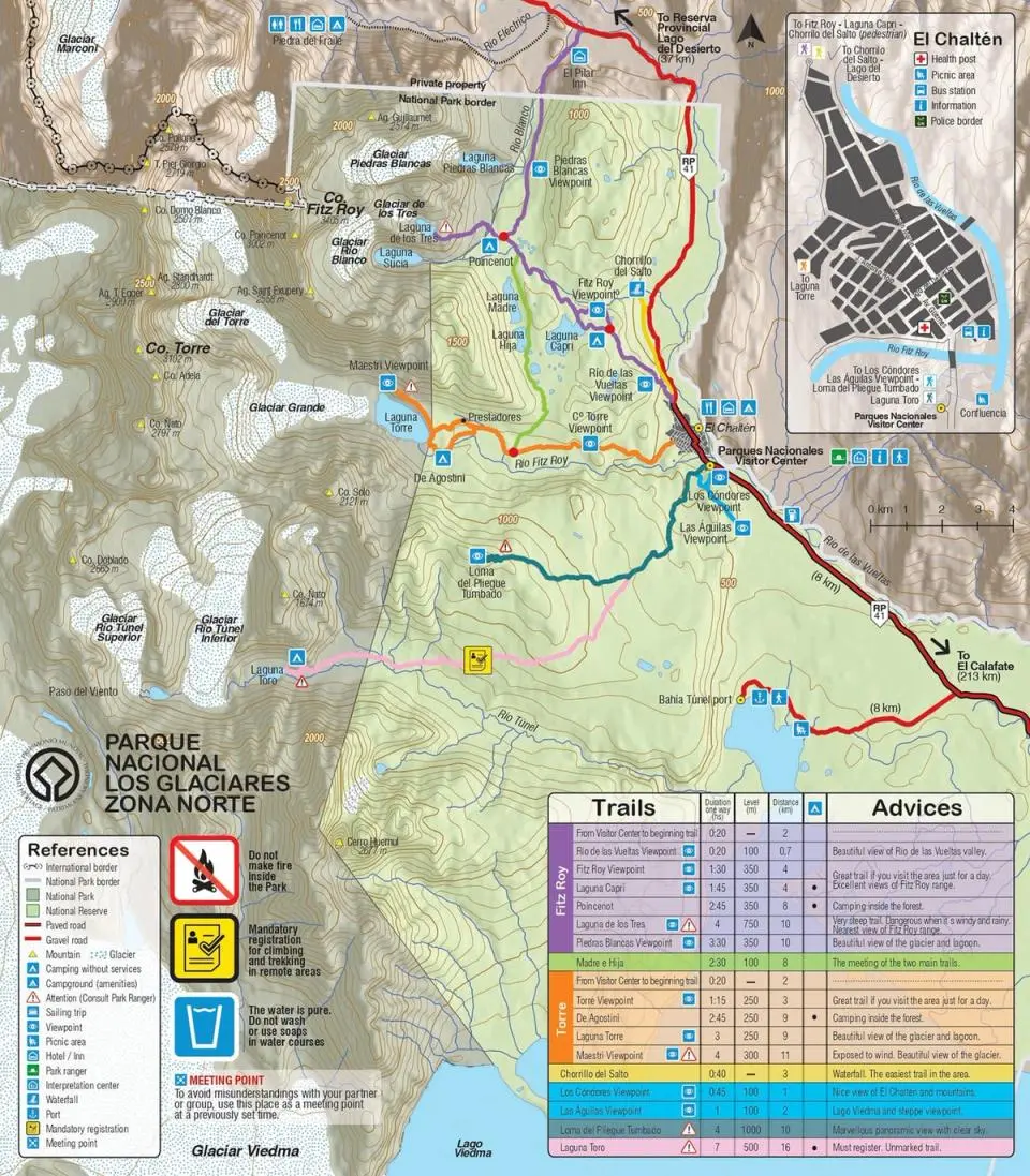El Chaltén hiking map: Courtesy of Parque Nacional Los Glaciares Zona Norte