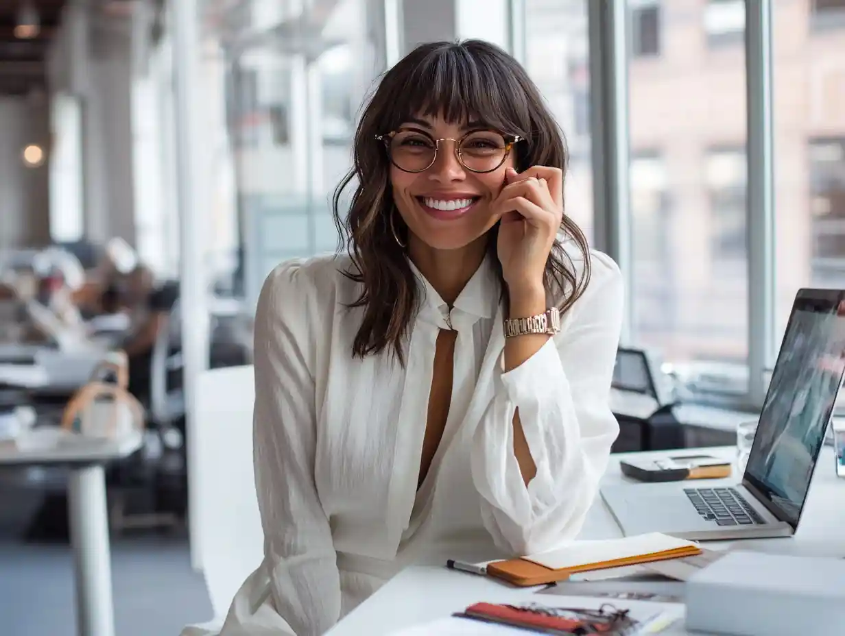 A smiling United Nannies representative in a modern office, symbolizing the agency’s commitment to supporting caregivers through professional development.