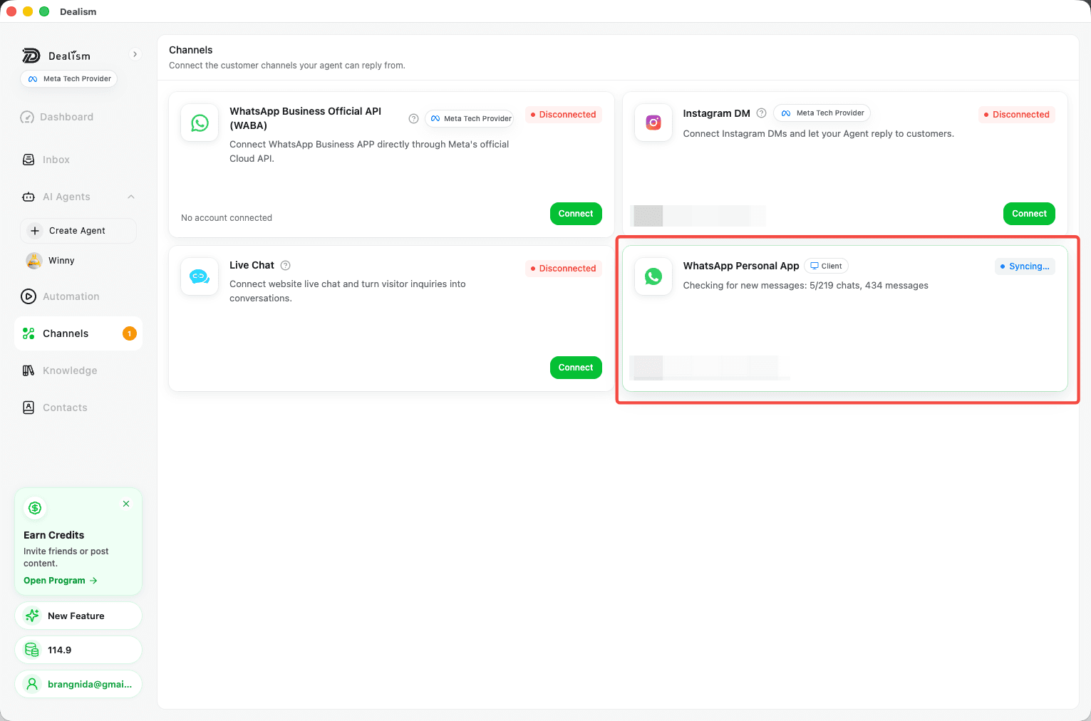 Dealism Desktop Channels page showing WhatsApp Personal App syncing message history