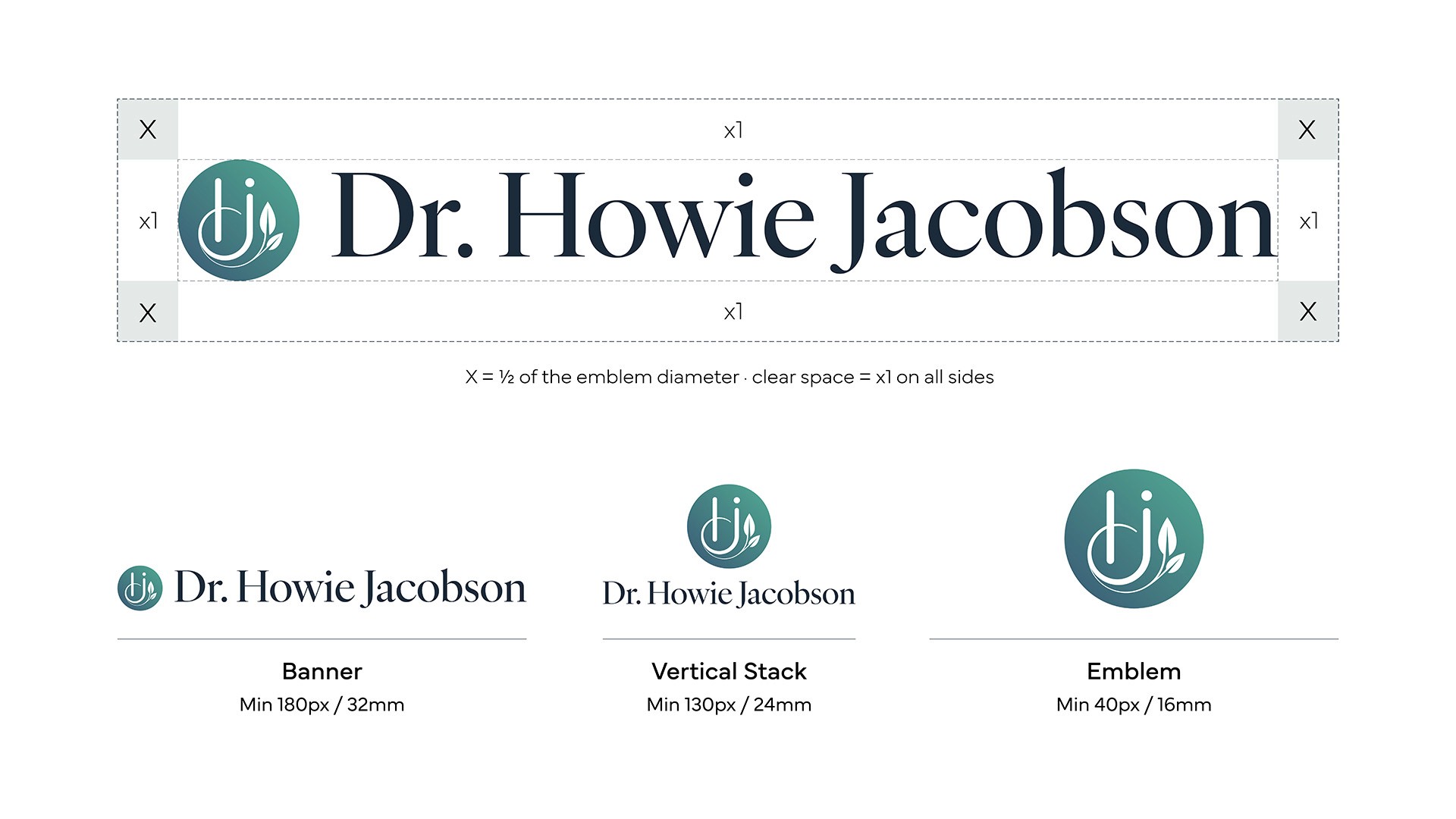 Dr. Howie Jacobson logo lockup system, clear space and minimum size rules by Huw Mathias.