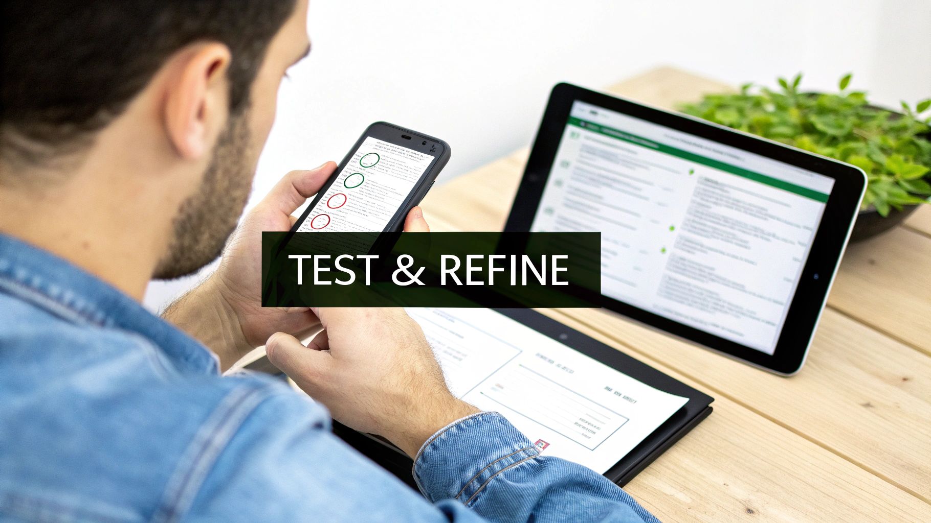 A person testing an application on their mobile phone, looking for bugs