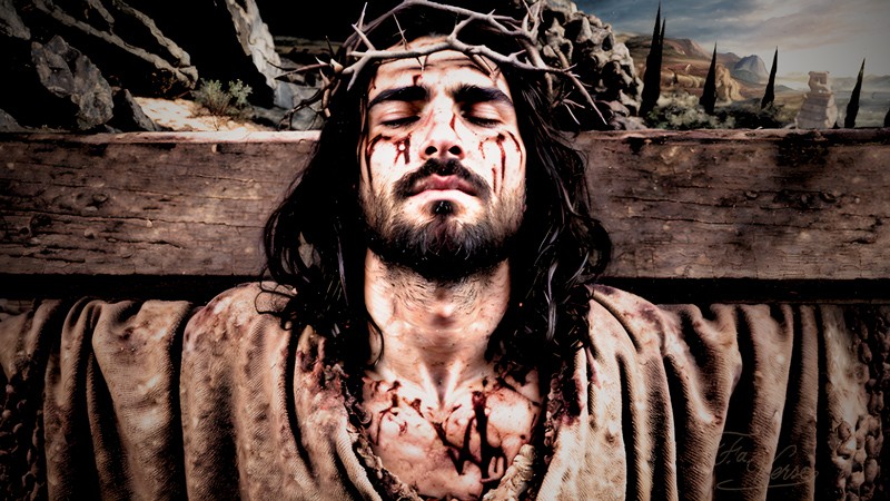 Sacred artwork by Faith and Verse. © Faith and Verse. Christ carrying the wooden patibulum across his shoulders, not yet bound, crowned with thorns, wounds visible on his face and chest, walking along a rocky path with distant trees and hills, depicted from the perspective of Veronica during the Way of the Cross.