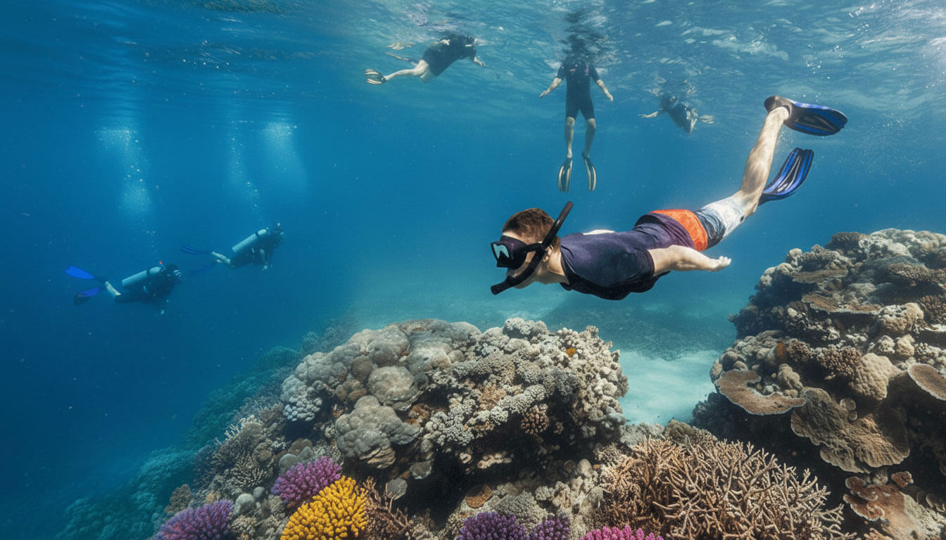 Snorkelers diving in Pacific Harbour Fiji surrounded by colourful coral