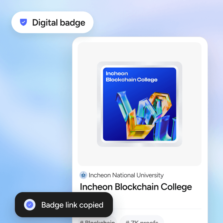 Digital badge: an Incheon Blockchain College badge card with a 'Badge link copied' notice