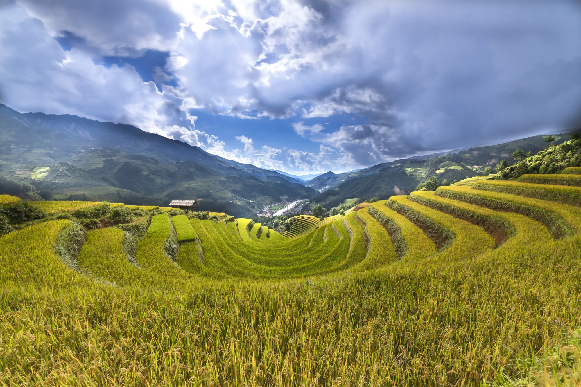 Terraced rice fields in a mountain valley under a bright sky