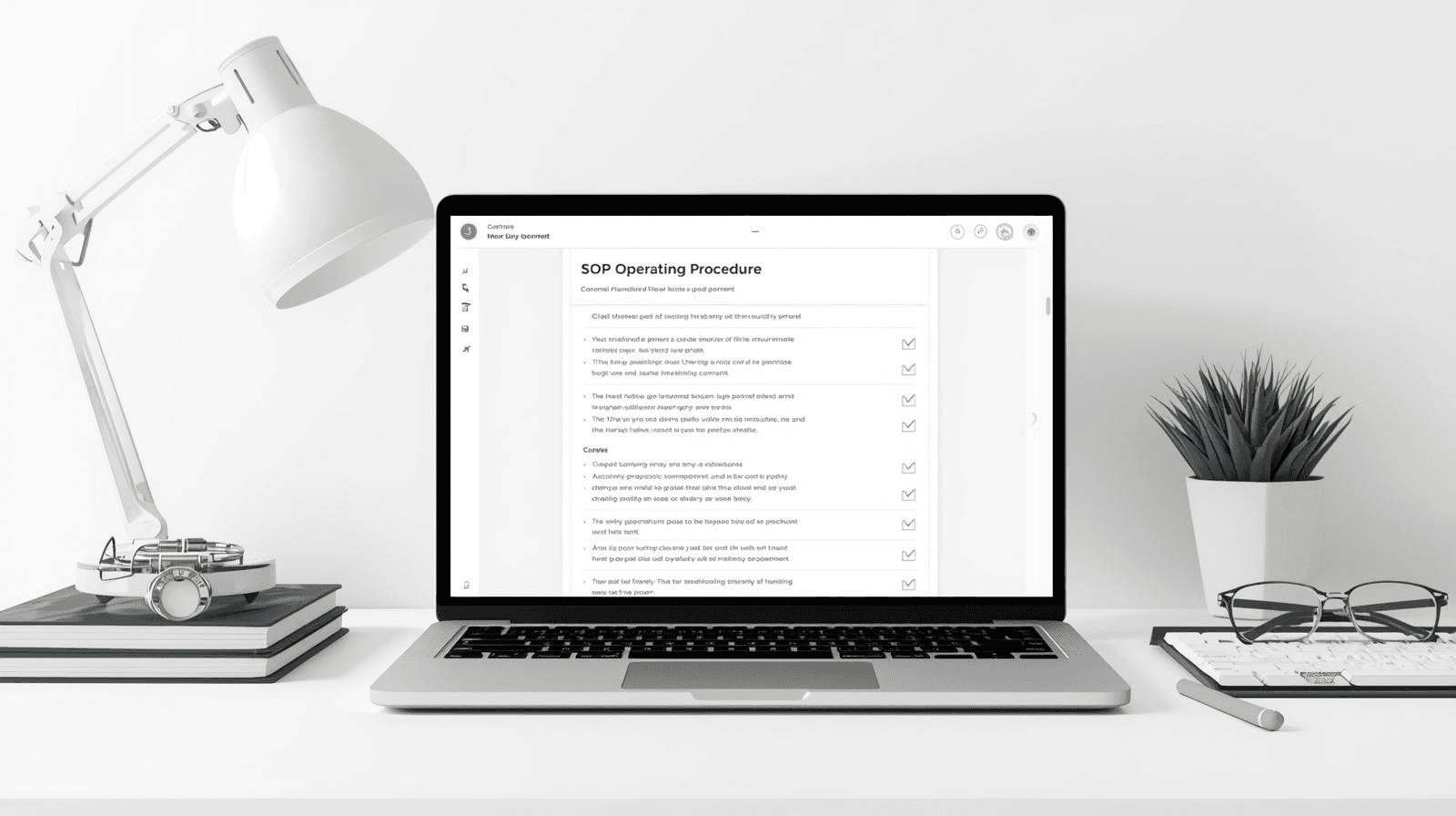 Laptop displaying a structured standard operating procedure document on a clean, minimalist desk.
