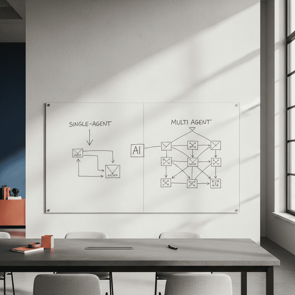 Editorial photography of a minimalist, modern office meeting room with natural light. On a large glass whiteboard, two distinct diagrams are drawn. On the left, a simple, linear flowchart representing a single-agent AI workflow. On the right, a more complex, branching diagram with multiple interconnected nodes, representing a multi-agent system. The scene is clean and architectural. Room for overlay text in the upper-left third. Brand colors #1F3B5B, #E76F51, #F5F2EC, #20242B are subtly present in the room's decor. No people, no text, no logos. Photorealistic, 16:9 aspect ratio.
