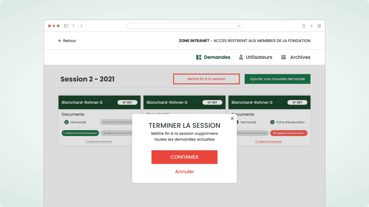 Capture d'écran du processus de fermeture d'une session de financement pour la secrétaire